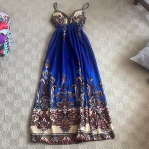 Elegant Blue and Brown Maxi Dress